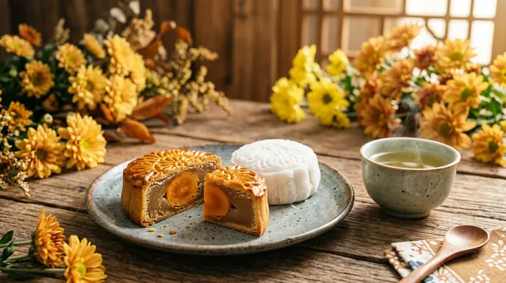 Bánh trung thu nướng cắt đôi lộ nhân lòng đỏ trứng muối bùi béo cạnh chiếc bánh dẻo trắng ngần chén trà xanh và hoa cúc vàng trên bàn gỗ