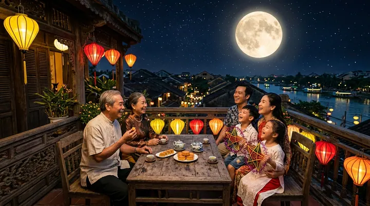 Gia đình ba thế hệ quây quần bên bàn trà trên ban công phố cổ Hội An ngắm trăng rằm tháng Tám hai cháu nhỏ cầm đèn ông sao