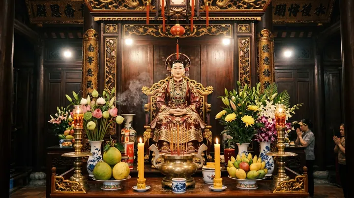 Tượng thờ người phụ nữ giữa gian gỗ sơn son, phía trước có hoa, trái cây và bát hương