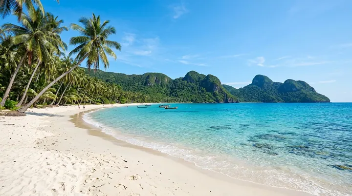 Bãi cát ven biển có hàng dừa, nước xanh và những ngọn núi ở xa