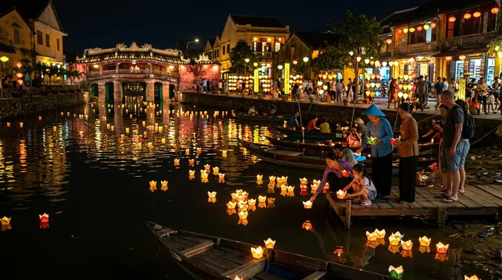 Hàng trăm ngọn hoa đăng lung linh tỏa ánh sáng vàng ấm áp trôi nhẹ trên dòng sông đêm