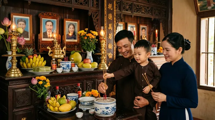 Cha mẹ hướng dẫn bé trai dâng hương trước bàn thờ gia tiên có bài vị tổ tiên, đèn đồng và mâm ngũ quả
