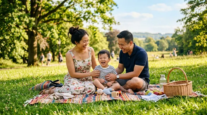 Gia đình ba người ngồi trên thảm dã ngoại giữa bãi cỏ công viên rợp bóng cây với giỏ mây đựng trái cây và đồ chơi