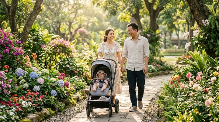 Cha mẹ bế em bé dạo chơi trong vườn hoa công viên xanh