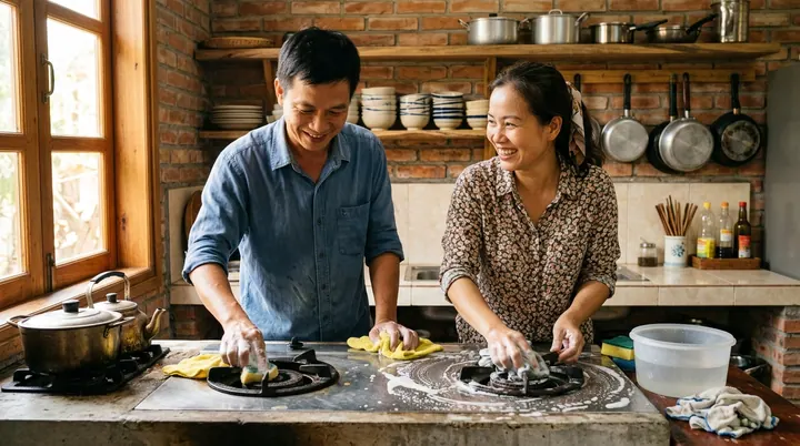 Hai người lớn dùng khăn lau mặt bếp, phía sau là kệ xoong nồi