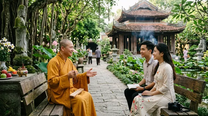 Sư thầy khoác áo cà sa vàng đất đang ôn tồn giảng dạy cho đôi vợ chồng trẻ cư sĩ về triết lý nhân quả chánh pháp Phật giáo