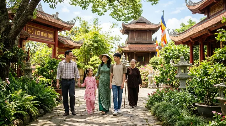 Một gia đình trẻ dắt tay các bé dạo bước trên thềm đá cổ kính ngập sắc hoa sen thiền viện xanh rợp bóng cây mát mẻ