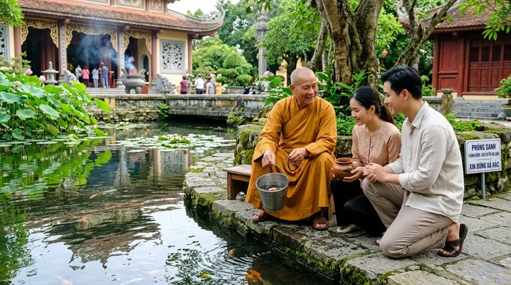 Một sư thầy mặc y vàng đang chỉ dẫn tận tình cho đôi vợ chồng trẻ cách dùng gáo tre múc nước thơm thả cá chánh niệm xuống hồ tự viện trong lành