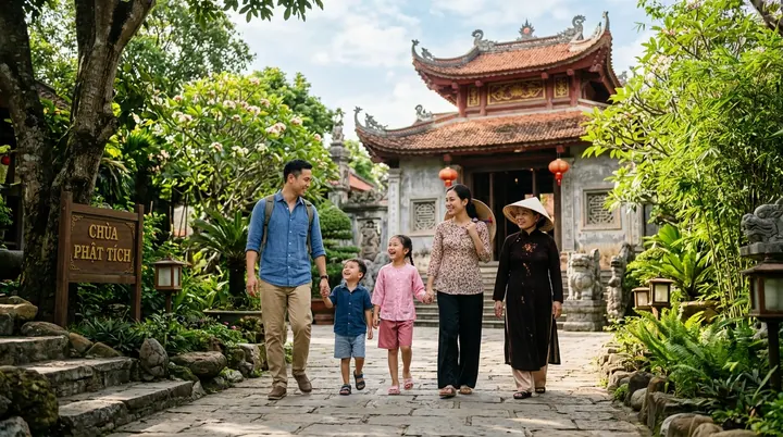 Một gia đình trẻ dắt tay các bé dạo bước trên thềm đá cổ kính ngập sắc hoa sen thiền viện xanh rợp bóng cây mát mẻ