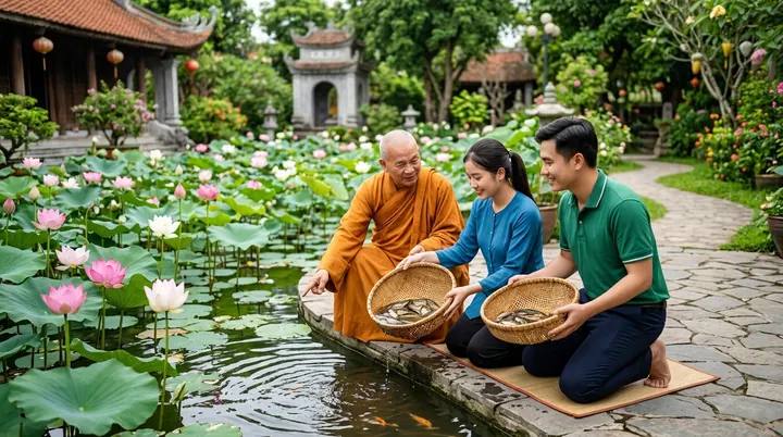 Sư thầy cùng đôi vợ chồng trẻ cư sĩ đang tươi cười múc nước trong hồ sen tự viện trong sạch để chuẩn bị thả cá phóng sinh bằng rổ nan tre
