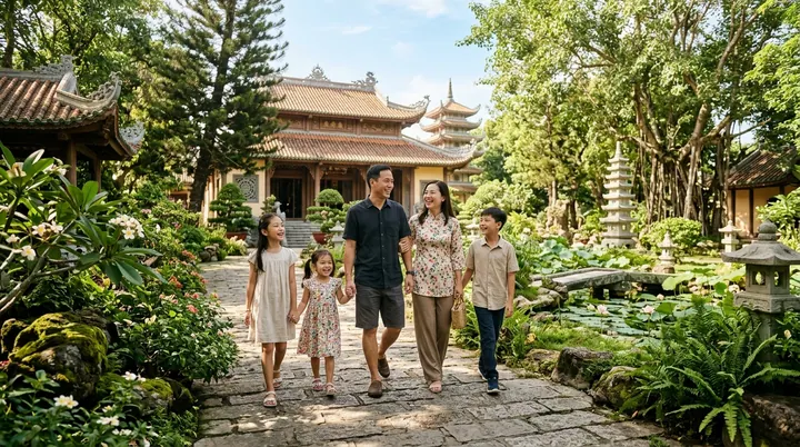 Một gia đình trẻ dắt tay các bé dạo bước trên thềm đá cổ kính ngập sắc hoa sen thiền viện xanh rợp bóng cây mát mẻ