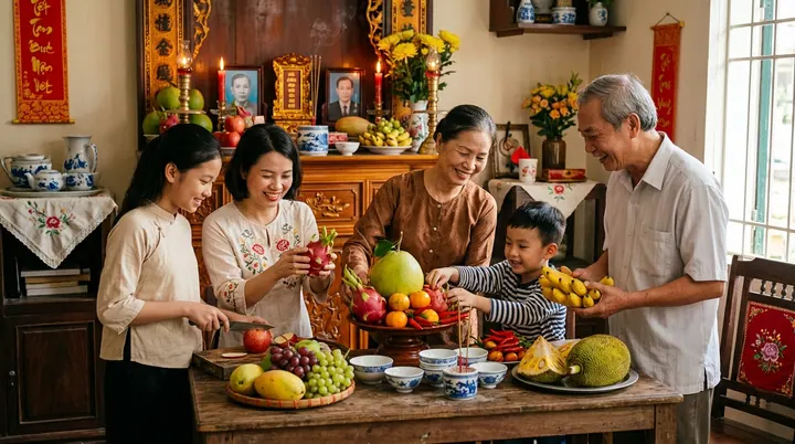 Đĩa lễ chay mộc mạc đơn sơ gồm trầu cau hoa sen và quả tươi chuẩn bị dâng Mẫu tại Phủ Tây Hồ