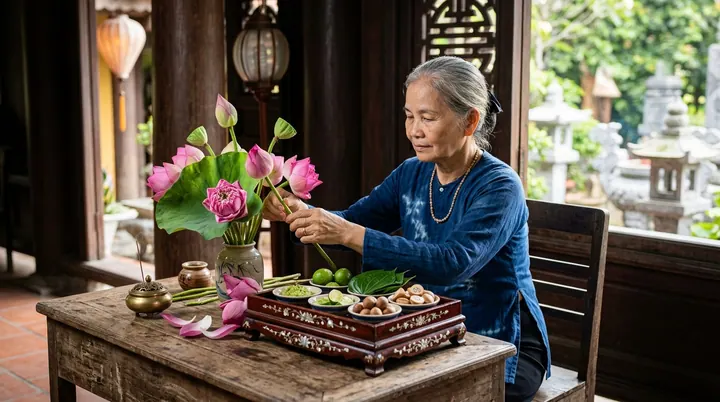 Không gian điện thờ thanh tĩnh sạch sẽ bảo vệ di sản.