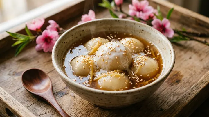 Bát chè trôi nước truyền thống dâng cúng Tết Nguyên Tiêu với nước đường phèn gừng và mè rang