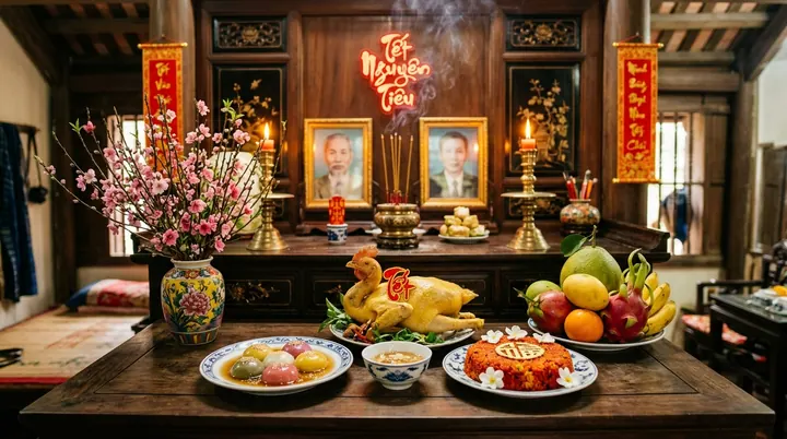 Không gian bàn thờ gia tiên trang nghiêm ấm cúng ngày Tết Nguyên Tiêu với mâm ngũ quả và hoa tươi