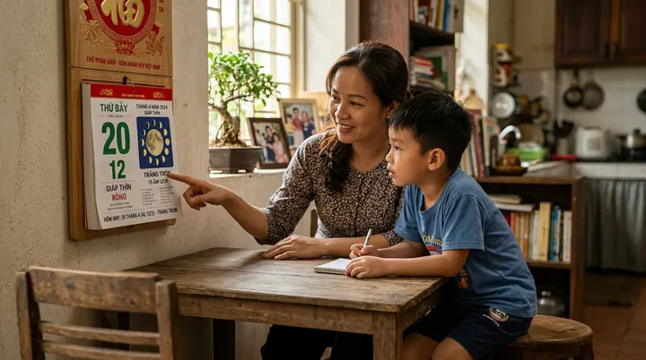 Mẹ chỉ vào cuốn lịch lốc âm dương kiên nhẫn giải thích cho con trai hiểu về chu kỳ mặt trăng và mặt trời