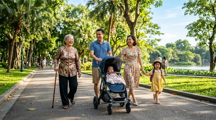 Bố mẹ đưa em bé dạo chơi thư thái trong khuôn viên vườn hoa công viên ngập tràn ánh nắng ấm áp