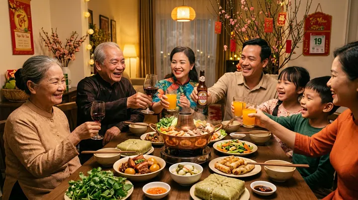 Gia đình nhiều thế hệ quây quần nâng ly chúc mừng bên mâm cơm Tất niên đầm ấm với bánh chưng, thịt kho và cành đào ngày Tết