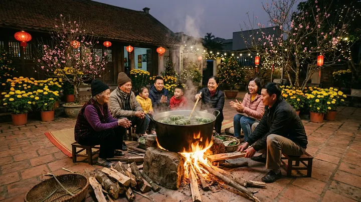 Cả gia đình quây quần sưởi ấm quanh nồi bánh chưng đỏ lửa giữa sân gạch ngập tràn hoa cúc hoa đào chiều cuối năm