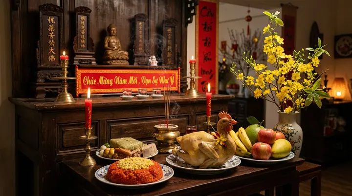 Bàn thờ gia tiên trang nghiêm chiều Tất niên với mâm lễ cúng gồm gà luộc cánh tiên, đĩa xôi gấc, bánh chưng, mâm ngũ quả và cành mai vàng rực rỡ