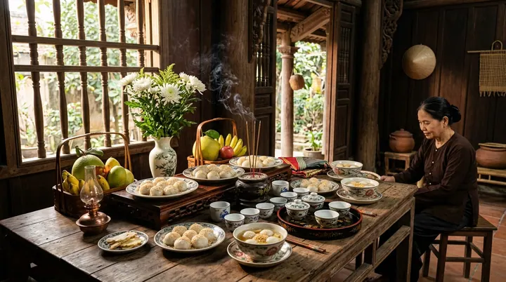 Mâm cúng Tết Hàn Thực truyền thống với đĩa bánh trôi trắng rắc mè và bát bánh chay nước đường thoang thoảng hương hoa bưởi