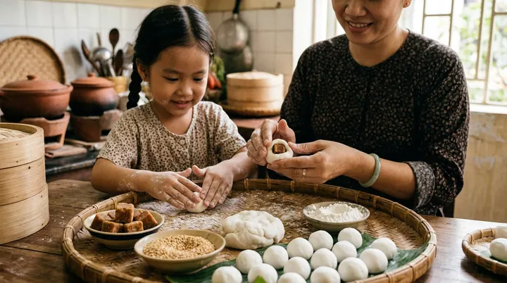 Mẹ và con cùng nhau nặn từng viên bánh trôi trắng tròn bên gian bếp gia đình ấm cúng
