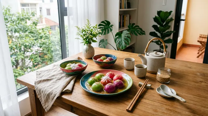 Đĩa bánh trôi ngũ sắc thanh nhã từ nước ép gấc lá dứa hoa đậu biếc và củ dền tự nhiên