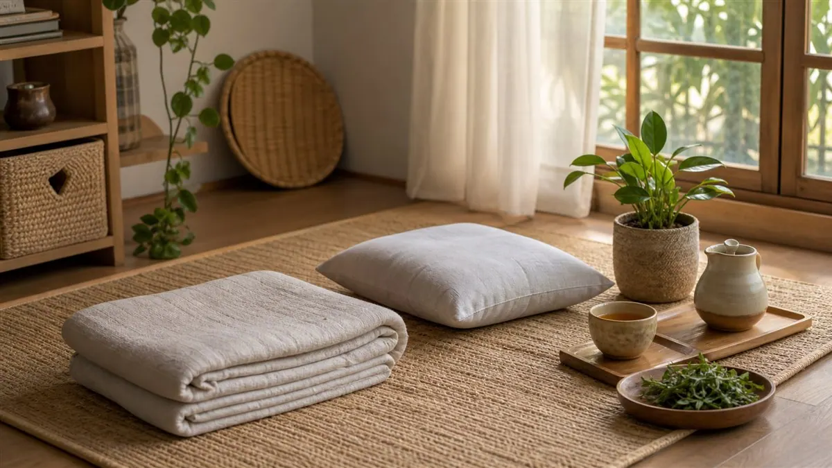 Gối và chăn xếp trên thảm cạnh khay trà và chậu cây bên cửa sổ