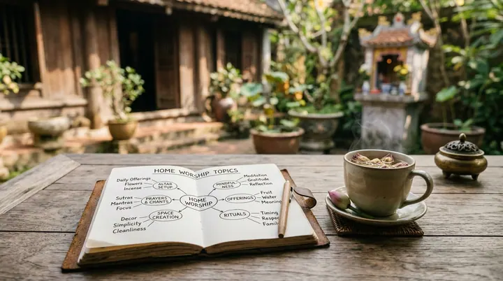 Sổ tay ghi chép cẩn thận sơ đồ nguyên tắc thờ cúng tại gia chuẩn phong thủy bên tách trà sen ấm áp