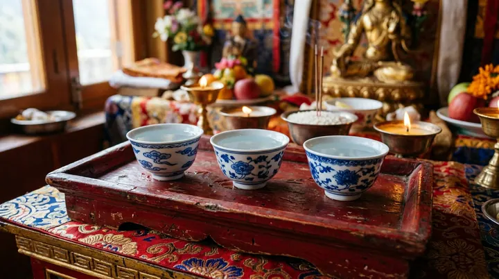 Ba chén gốm nằm trên khay gỗ trong gian thờ có hương, đèn và hoa quả
