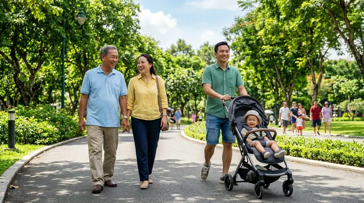 Ba người lớn đi trên đường trong công viên, một người đẩy xe có em bé