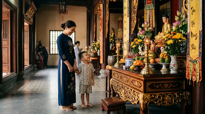 Một người lớn mặc áo dài xanh nắm tay bé trai đứng trước bàn thờ có hoa quả và tượng Phật