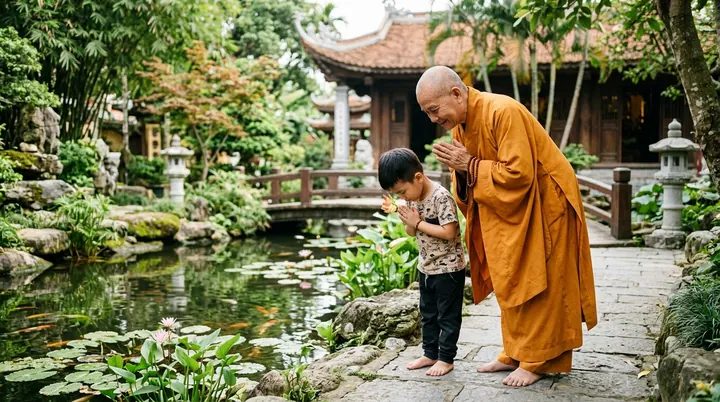 Một nhà sư và bé trai chắp tay trên lối đá cạnh hồ trong sân chùa