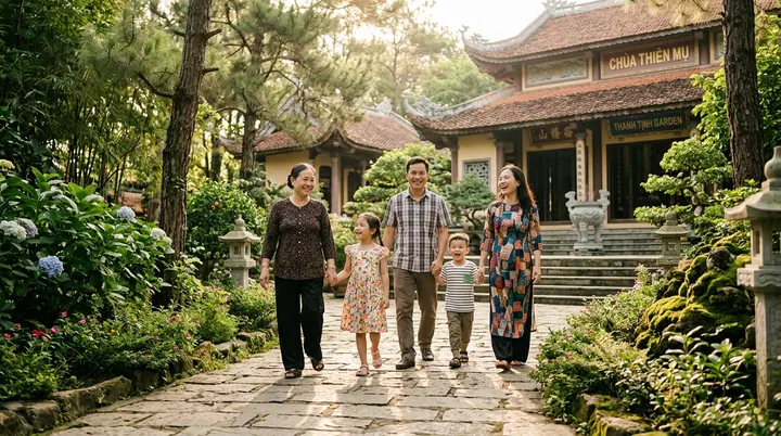 Ba người lớn và hai trẻ đi trên lối đá giữa cây xanh trước một ngôi chùa