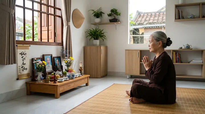 Một người phụ nữ lớn tuổi ngồi trên chiếu chắp tay trước bàn thấp có ảnh, hoa và quả trong phòng sáng