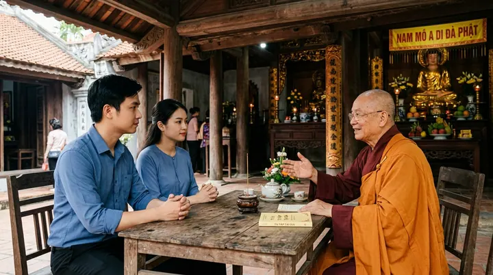 Một người mặc áo tu màu vàng đỏ trò chuyện cùng hai người ngồi trước bàn gỗ trong sân chùa