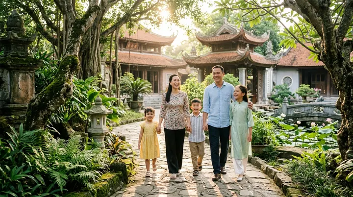 Hai người lớn và ba trẻ em đi trên lối đá trong sân chùa có cây, tháp và hồ nước