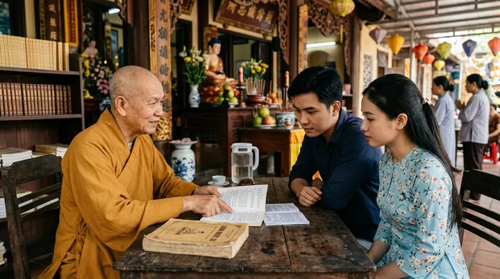 Vị sư thầy chỉ dẫn nghi thức tụng kinh Dược Sư cho đôi vợ chồng trẻ mặc pháp phục lam trang nghiêm