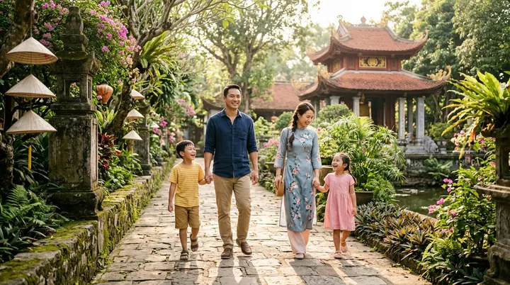 Gia đình dắt tay con trẻ dạo bước thanh thản trong khuôn viên thiền viện rợp bóng mát cây xanh