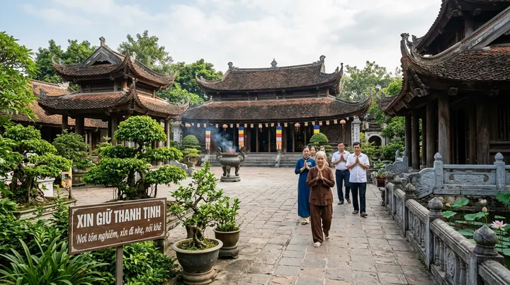 Nhóm người đi trên sân lát đá giữa các nhà mái cong, cạnh bảng chữ và cây