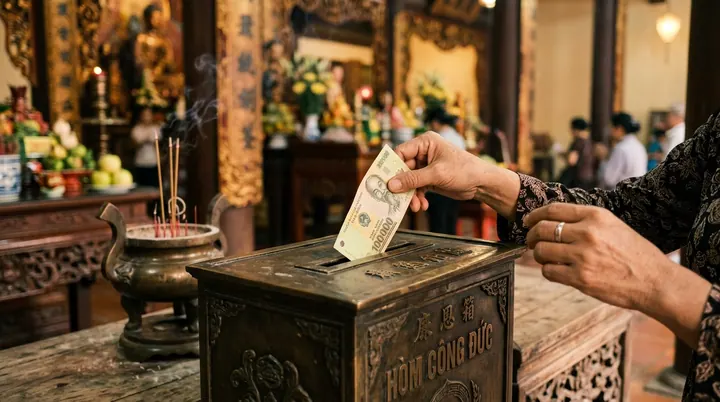 Hai bàn tay cạnh hòm công đức, một tay đưa tờ tiền vào khe phía trên