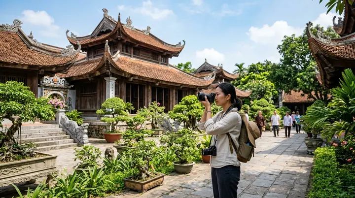 Người cầm máy ảnh hướng về nhà mái cong, bên lối lát đá có người đi
