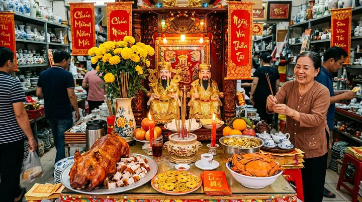Người phụ nữ cầm hương cạnh khám có hai tượng, hoa cúc vàng, đĩa thịt quay và quả trong cửa hàng đồ thờ