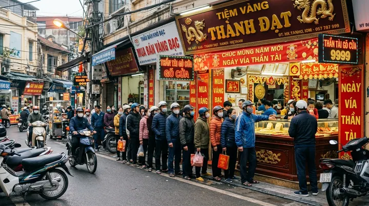 Dòng người mặc áo khoác xếp trước cửa tiệm vàng, cạnh xe máy và các biển hiệu đỏ vàng