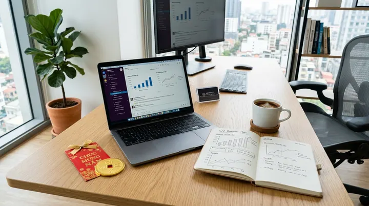 Bàn làm việc có laptop, màn hình biểu đồ, sổ mở, cốc nước, phong bao đỏ và các vật trang trí màu vàng
