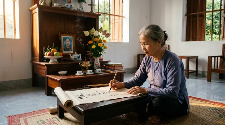 Người phụ nữ tóc bạc cầm bút viết trên giấy cuộn ở bàn thấp, phía sau là góc thờ có di ảnh, bình hoa và đĩa quả