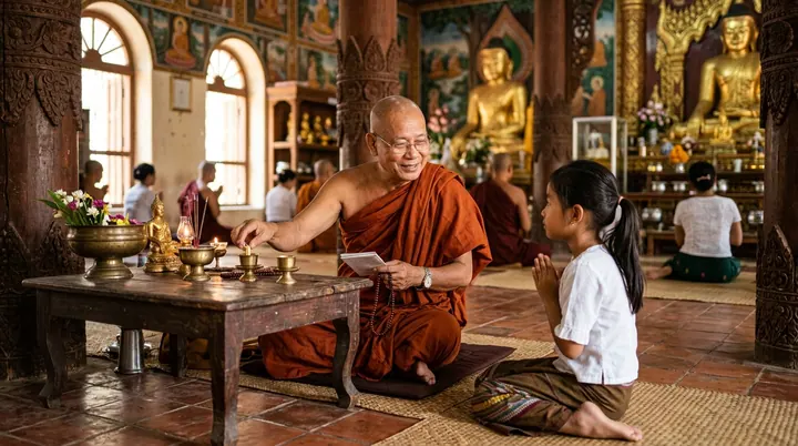 Người mặc y màu cam cầm tờ giấy ngồi cạnh bàn, đối diện em nhỏ chắp tay trong gian có tượng Phật