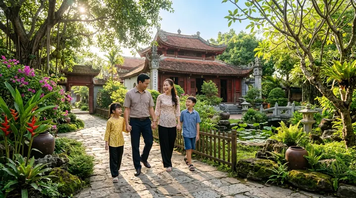 Hai người lớn và hai em nhỏ đi trên lối đá cạnh cây xanh, phía sau là gian mái ngói và hồ nước