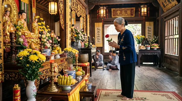 Một cụ bà tóc bạc phơ mặc áo dài truyền thống màu sẫm đang đứng chắp tay thành kính trước ban thờ Phật nghiêm trang rực rỡ sắc hoa sen bó cúc vàng, một bông hồng đỏ được cài trang trọng trên ngực áo