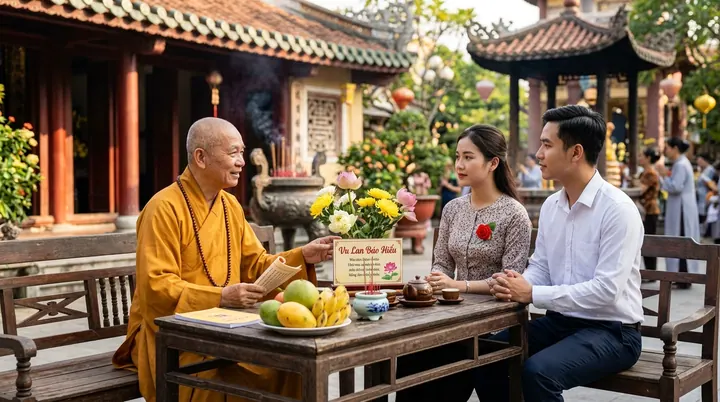 Một sư thầy phúc hậu đang cầm cuốn kinh hướng dẫn hai vợ chồng trẻ cư sĩ mặc áo lam cách cúng chay báo hiếu tạ ơn tổ tiên tại gia